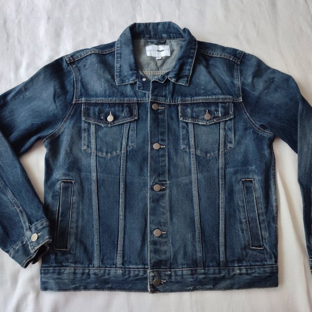 Fashion Nova Men Blue Distressed 100% Cotton Denim Jacket Size L